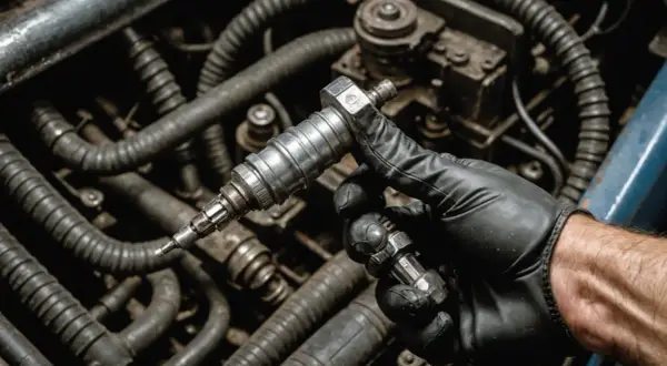 Main d'un mécanicien tenant une bougie d'allumage. La bougie noire signification est souvent liée à une combustion incomplète.