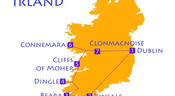 Karte für einen Irland Roadtrip: Dublin, Kinsale, Beara, Dingle, Cliffs of Moher, Connemara, Clonmacnoise.