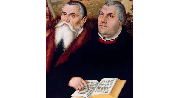 Portret Marcina Lutra i Filipa Melanchtona, wybitne lucas cranach starszy dzieła. Postacie trzymają otwartą księgę z tekstem.
