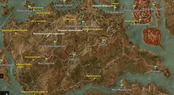Mapa świata gry z zaznaczonymi lokacjami, takimi jak Ostatni Bastion, Wieś Jawornik i Kamieniołom Starych Pryków. Widać też ślady poszukiwań rynsztunek szkoły gryfa.