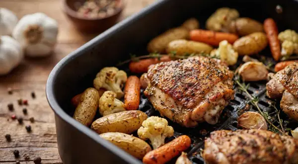 Contramuslos de pollo asados con patatas, zanahorias y coliflor en una bandeja.