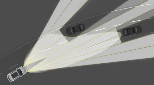 Ilustración que muestra cómo funcionan las luces adaptativas: un coche ilumina la carretera y evita deslumbrar a otros vehículos.