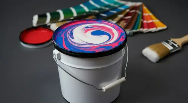 Farbeimer mit verwirbelten Farben, daneben ein Pinsel und Farbfächer. Ideal für eine Tabelle zum Farben selber mischen.