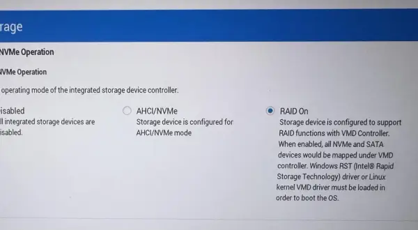 Ustawienia kontrolera pamięci masowej: wybrany tryb NVMe RAID On. Wymaga sterownika RST lub VMD do rozruchu systemu.
