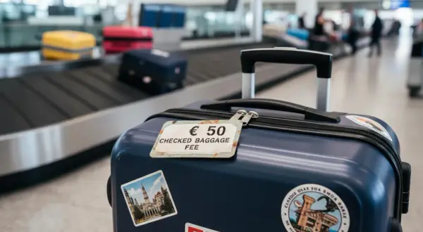 Bagaż rejestrowany kosztuje 50 euro. Na walizce widać etykietę z tą informacją i naklejki z podróży.
