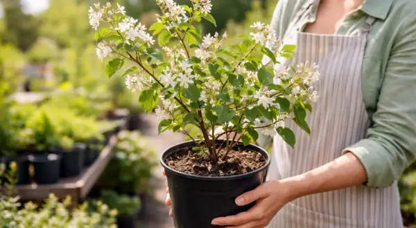 Eine Person hält einen Topf mit einer blühenden Amelanchier ovalis. Die zarten weißen Blüten schmücken den Strauch.