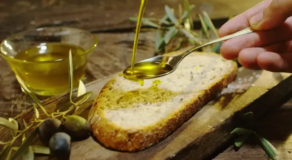 Olio d'oliva versato su pane, con olive e rametti d'ulivo. Un assaggio dei sapori autentici degli oleifici puglia.