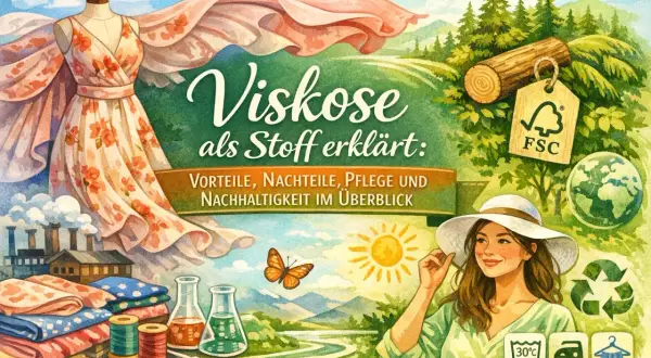 Viskose als Stoff erklärt: Vorteile, Nachteile, Pflege und Nachhaltigkeit. Das Material ist atmungsaktiv und angenehm zu tragen, wie die lächelnde Frau im Bild zeigt.