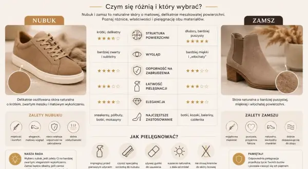 Porównanie nubuku i zamszu: skóra licowa co to? Nubuk jest krótszy, zamsz dłuższy i bardziej puszysty. Oba to naturalne skóry.