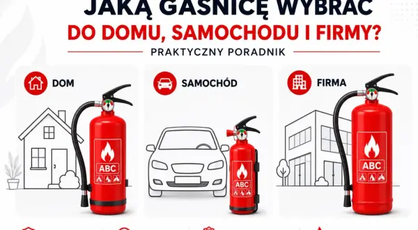 Wybór odpowiedniego podręcznego sprzętu gaśniczego do domu, samochodu i firmy. Ilustracja pokazuje gaśnice przy domku, aucie i budynku.