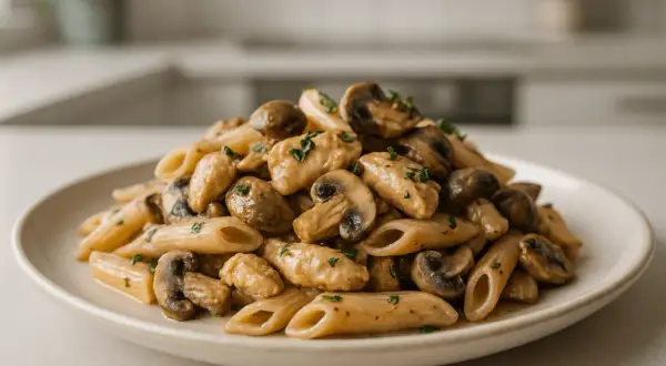 Pyszny makaron penne z kurczakiem i pieczarkami w 30 minut