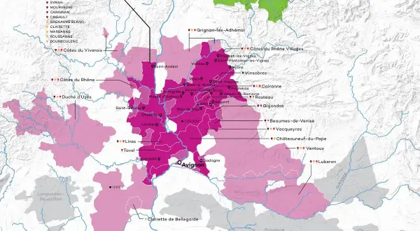 Mapa winnic południowego Rodanu, z zaznaczonymi regionami, w tym Châteauneuf-du-Pape.
