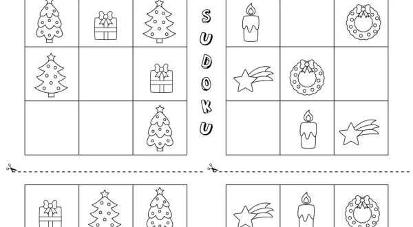 Świąteczne zadania dla dzieci do druku: sudoku z choinkami, prezentami, świecami, gwiazdkami i wieńcami.