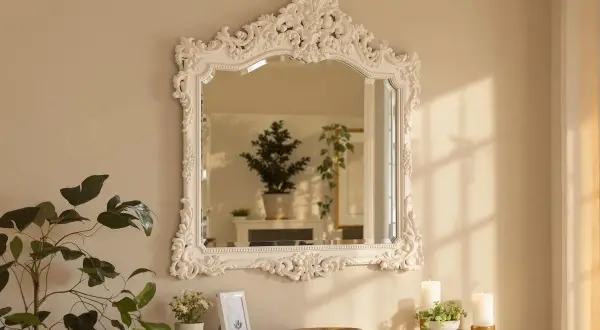 Un miroir ancien en bois, relooké en blanc, orné de volutes et de feuillages, reflète une pièce lumineuse avec des plantes.
