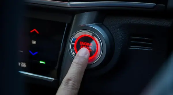 Un doigt appuie sur le bouton "ENGINE START" qui clignote en rouge. La voiture est prête à démarrer.