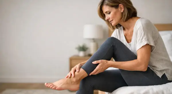 Donna con formicolio alle ginocchia, si massaggia la gamba seduta sul letto.