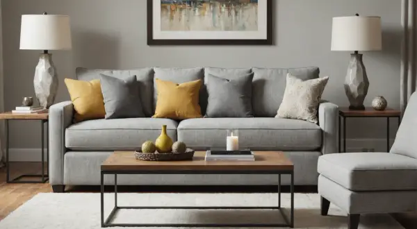 Graues Federkern Sofa mit gelben und grauen Kissen. Vorteile: bequem, Nachteile: kann einsinken.