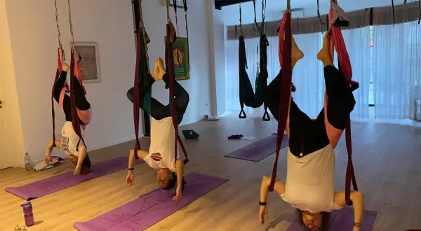 Personas practicando ahimsa yoga en columpios aéreos, invertidas y relajadas.
