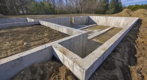 Betonowe fundamenty domu w budowie, otoczone ziemią i drzewami. Solidna podstawa dla przyszłego domu.