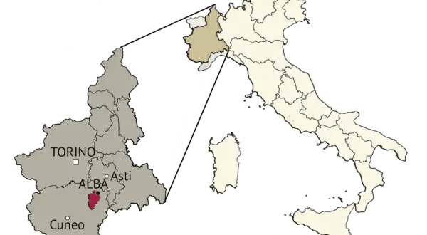 Mappa dell'Italia con evidenziata la regione Piemonte e, in particolare, le Langhe, zona rinomata per vini e tartufi.
