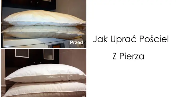 Pranie kołdry z pierza: porównanie przed i po. Dwie poduszki, jedna brudna, druga czysta, leżą na pralce.