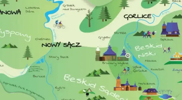 Mapa turystyczna z zaznaczonymi miastami, rzekami i szlakami. Widać Gorlice, Nowy Sącz i Beskid Niski, idealne na wycieczki po górach.