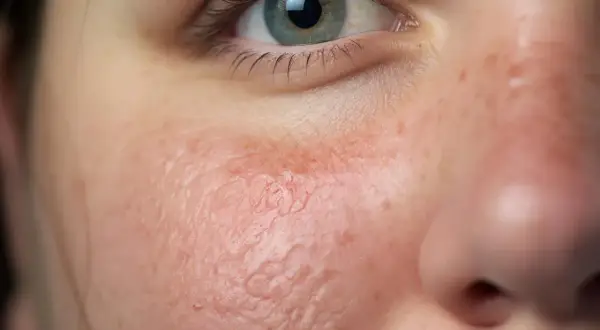 Primer plano del ojo y mejilla de una persona, mostrando piel enrojecida y con textura irregular, indicativa de xerosis cutánea.