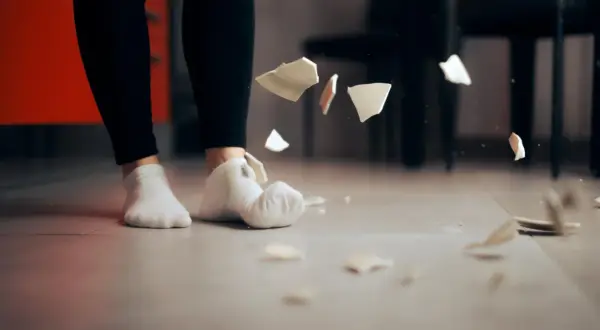 Fragmenty talerza wirują w powietrzu, gdy stopy w skarpetkach stoją na podłodze. Czy to skutek nieuwagi, czy może zaniki pamięci?