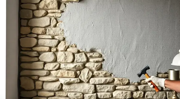 Maintenant, on va enlever l'enduit ciment sur ce mur en pierre. Un marteau et des gants sont prêts pour le travail.