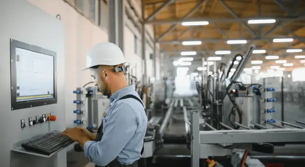 Pracownik w białym kasku przy panelu sterowania z klawiaturą. W tle hala produkcyjna z linią maszyn. Bom co to za miejsce?