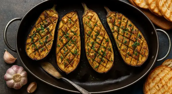 Quatre moitiés d'aubergine au four, grillées et parsemées de persil frais, dans un plat ovale. Des toasts grillés et de l'ail complètent ce plat savoureux.
