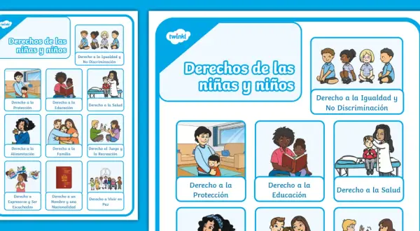 Póster ilustrado sobre los 10 derechos de los niños y niñas, mostrando escenas de protección, educación, salud, igualdad y familia.