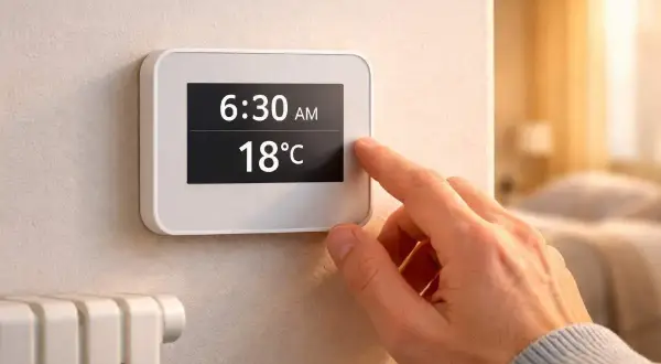 Dito, si possono staccare le utenze. Un dito tocca il termostato digitale che segna 18°C.