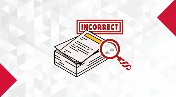 Stos dokumentów, lupa z ikonami domu, pieniędzy i samochodu, oraz napis "INCORRECT" wskazują na błąd w oświadczeniu majątkowym.
