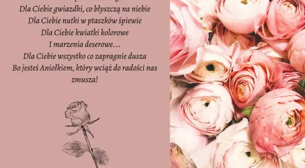 Dla ukochanej Cioci, która jest Aniołkiem, życzenia mądre i pełne miłości. Bukiet różowych kwiatów.