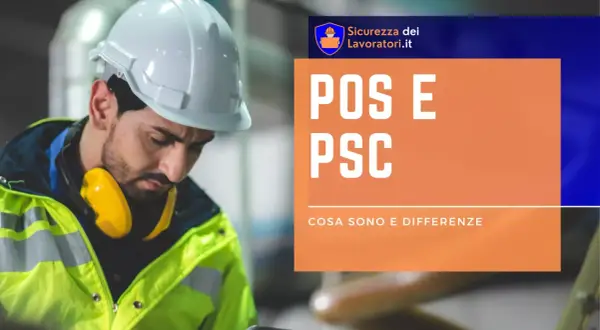 Operaio con casco e cuffie protettive, focus su POS e PSC, concetti chiave per la sicurezza sul lavoro.