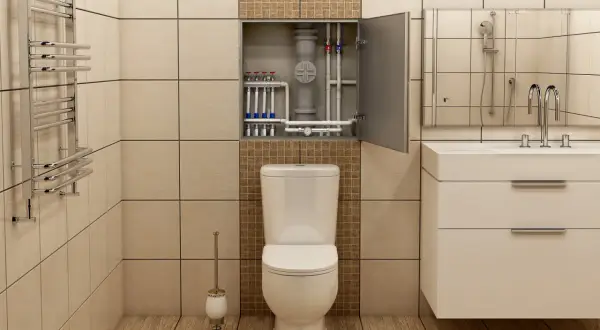 Jak ukryć rury w małej łazience? Wnęka nad toaletą z ukrytymi instalacjami i szafką.