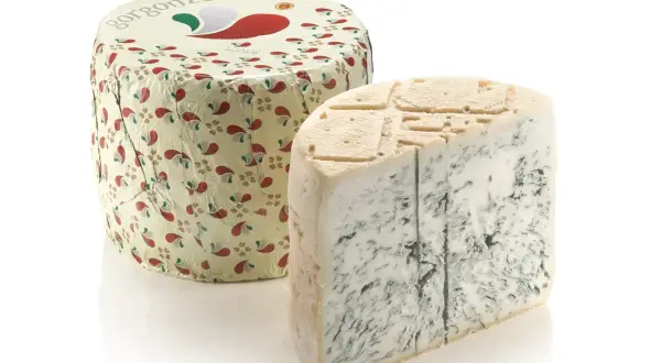 Kawałek sera gorgonzola DOP z widocznymi niebieskimi żyłkami, obok okrągłego opakowania z motywem paisley.