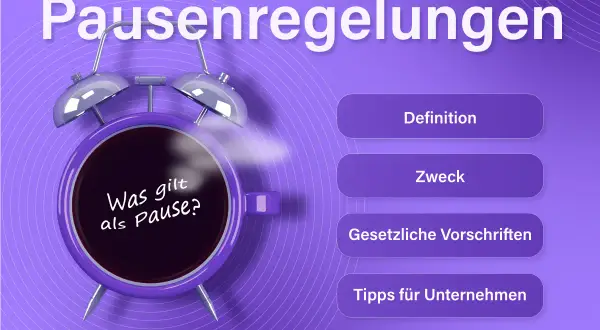 Ein Wecker mit der Frage "Was gilt als Pause?" symbolisiert die Bedeutung von Pausenregeln für die Arbeitszeit.