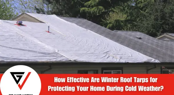 A house roof is covered with a white tarp, protecting it from cold weather. This temporary solution is crucial for roofing during winter.