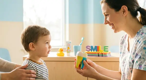 Dentista mostra un modello di dente a un bambino, spiegando l'importanza dell'ortodonzia intercettiva per un sorriso sano fin da piccoli.