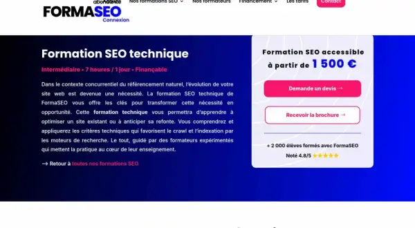 Formation SEO technique FormaSEO : apprenez à optimiser votre site web. Offre accessible dès 1500€.