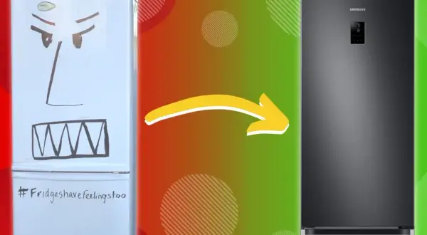 Stara lodówka z narysowaną miną kontra nowoczesny Samsung. Jaka lodówka najlepsza?