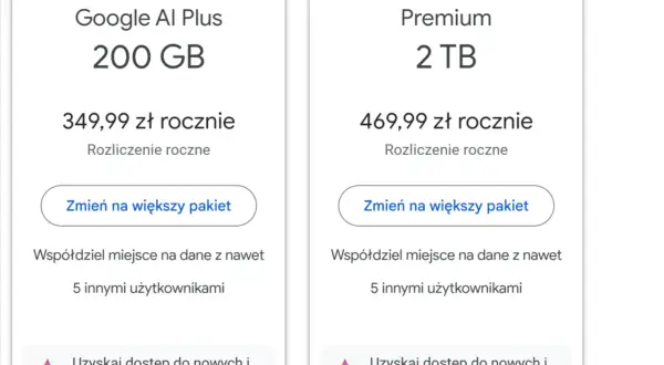 Dwa plany Google One: 200 GB za 349,99 zł rocznie i 2 TB za 469,99 zł rocznie, oba z możliwością współdzielenia i dostępem do nowych funkcji.