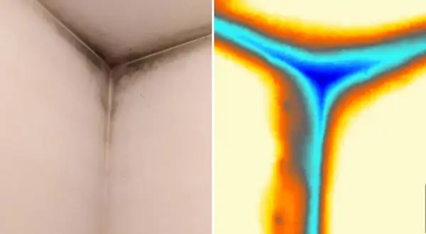 Angolo di una stanza con muffa e immagine termica che mostra la dispersione del calore, suggerendo la necessità di una pittura isolante.