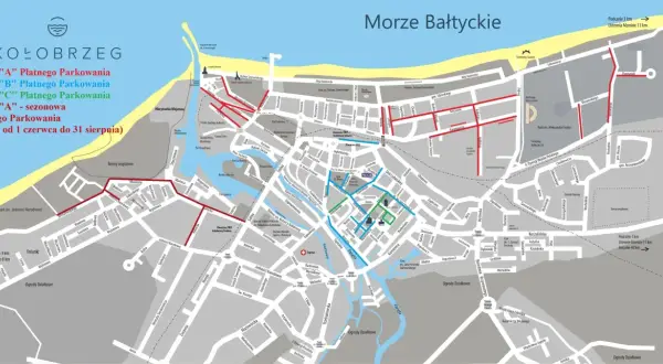 Mapa Kołobrzegu z zaznaczonymi strefami płatnego parkowania. Sprawdź, gdzie zaparkować w Kołobrzegu, aby uniknąć mandatów.