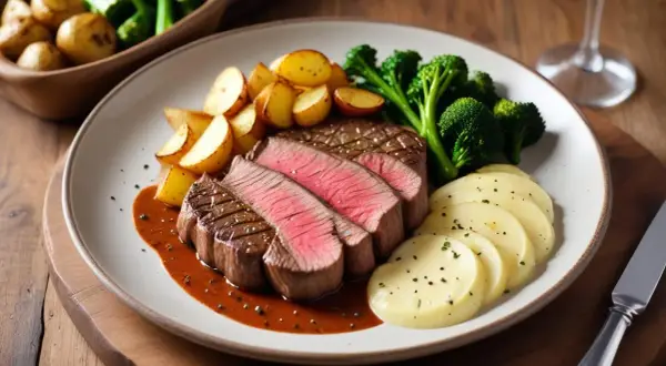 Sliced pepparbiff steak with roasted potatoes, broccoli, and mashed potatoes on a plate.