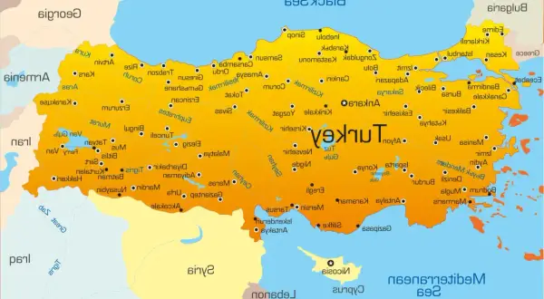 Mapa Turcji, gdzie leży ten kraj, z zaznaczonymi miastami i granicami.