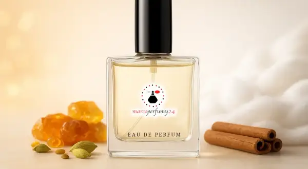 Elegancka butelka perfum z nutami piżma, cynamonu i kardamonu. Otoczona bursztynowymi kryształkami i puszystą watą.