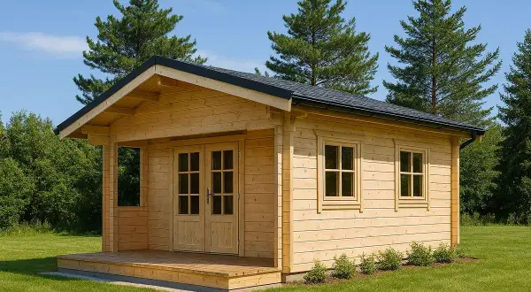 Cabaña de madera con porche y ventanas, rodeada de césped y árboles. ¿Será de abeto vs pino?